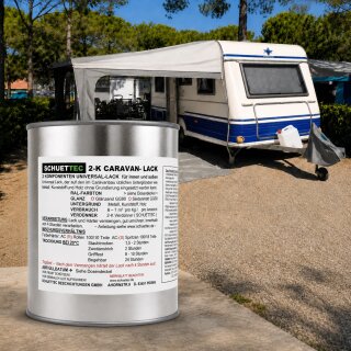 SCHUETTEC 2K Caravan-Lack 1,1 kg auf Campingplatz mit Wohnwagen mit blauen Zierstreifen im Hintergrund – Streifenlack für Wohnwagen, Caravan und Wohnmobil